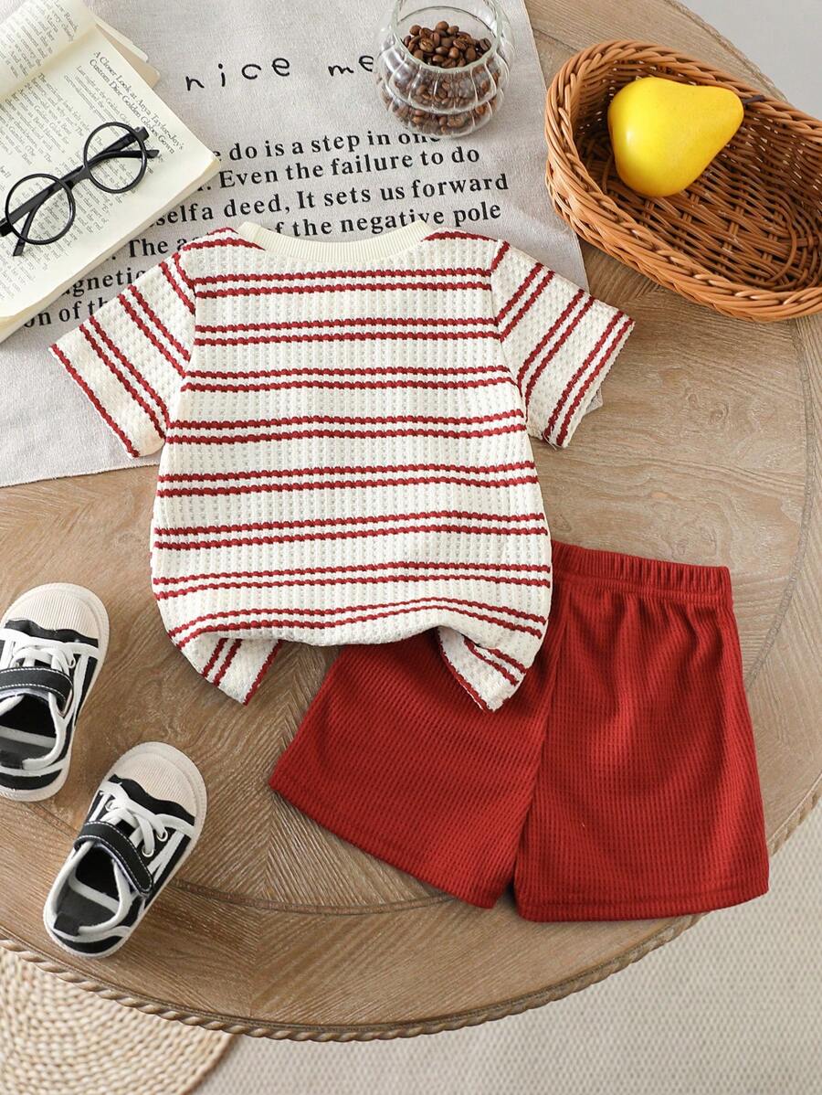 Infant Toddler Boys' Summer Outfit: Striped Waffle Tee and Letter Patch Shorts