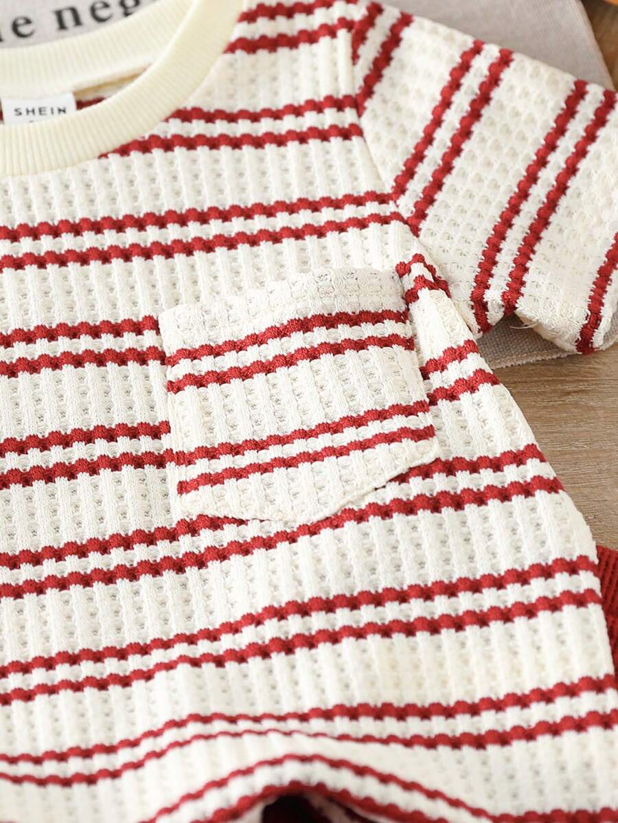 Infant Toddler Boys' Summer Outfit: Striped Waffle Tee and Letter Patch Shorts