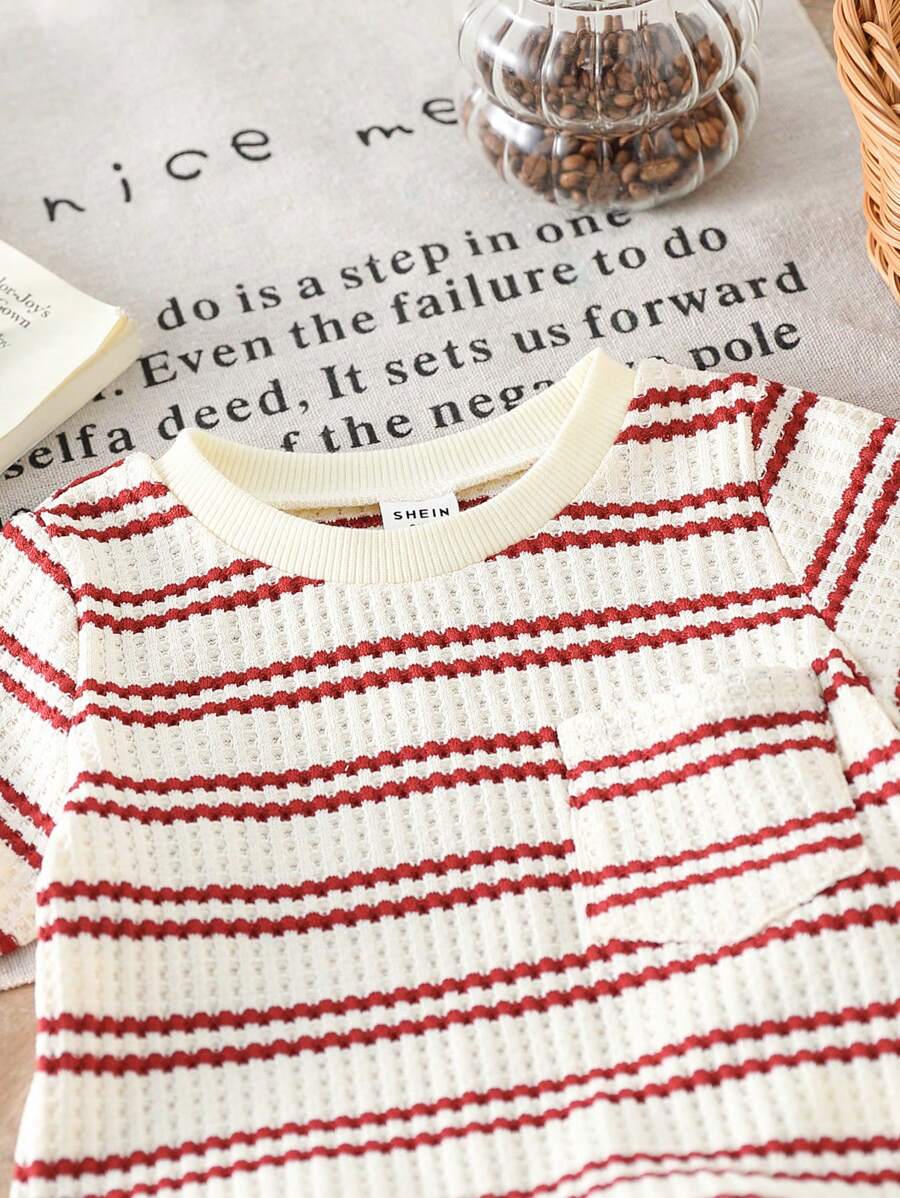 Infant Toddler Boys' Summer Outfit: Striped Waffle Tee and Letter Patch Shorts