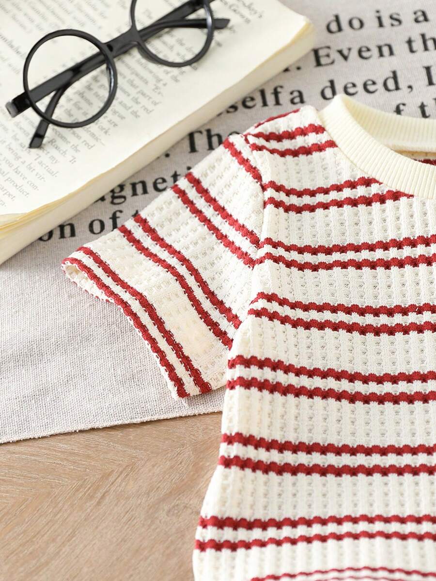 Infant Toddler Boys' Summer Outfit: Striped Waffle Tee and Letter Patch Shorts