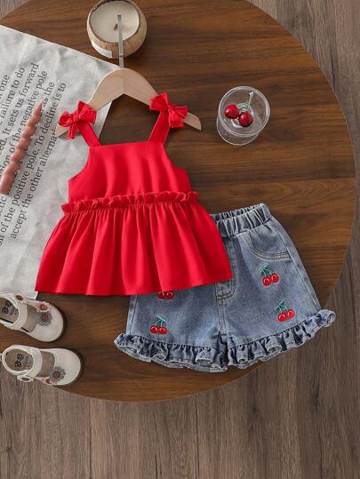 Cute Cherry Summer Clothing Set For Little Girls Party And Outing Style