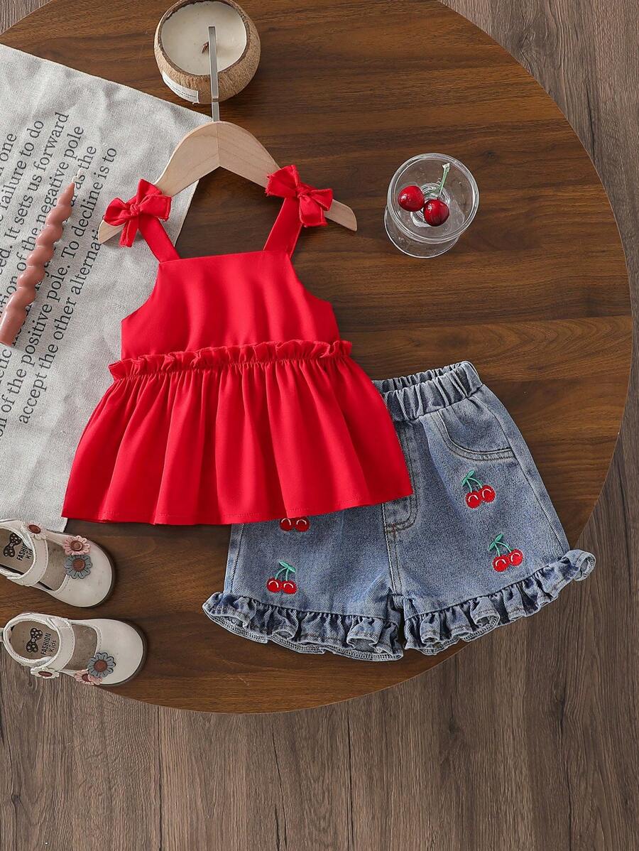 Cute Cherry Summer Clothing Set For Little Girls Party And Outing Style