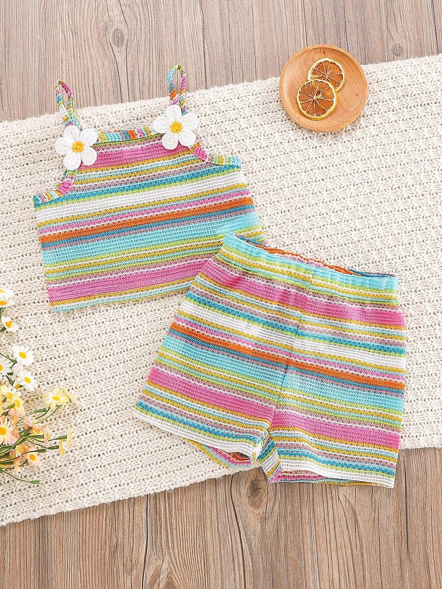 Striped Knit Camisole And Shorts Set For Baby Girls Summer Vacation Wear