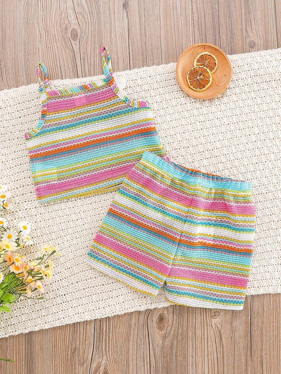 Striped Knit Camisole And Shorts Set For Baby Girls Summer Vacation Wear