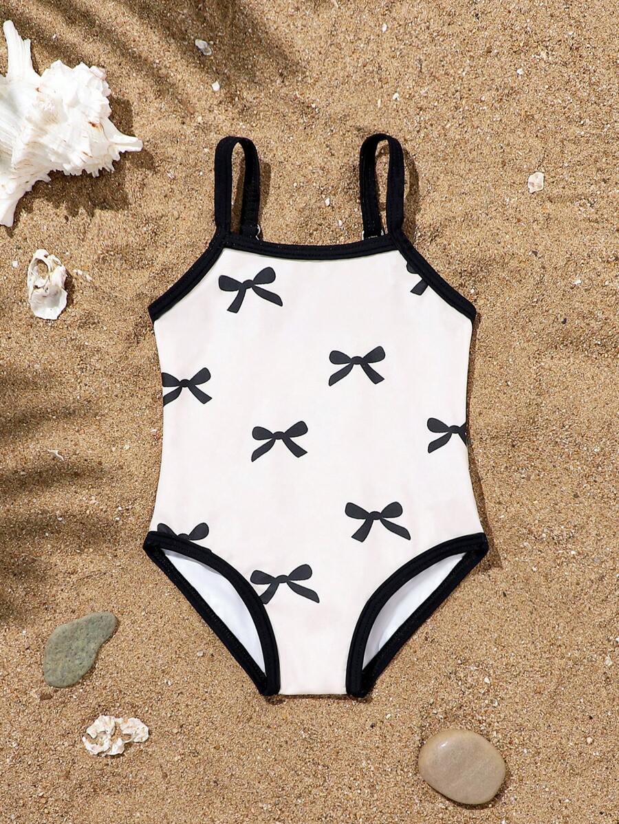 Baby Bow Decor One-Piece Swimsuit with Adjustable Shoulder Straps