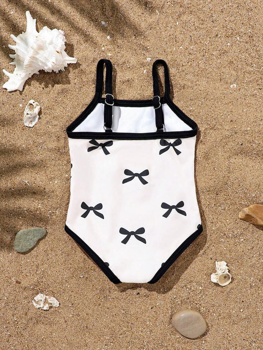 Baby Bow Decor One-Piece Swimsuit with Adjustable Shoulder Straps