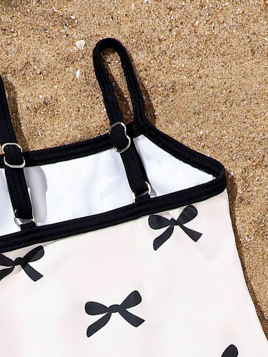 Baby Bow Decor One-Piece Swimsuit with Adjustable Shoulder Straps