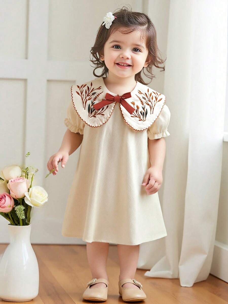 Infant Girl Peter Pan Collar Floral Embroidered Summer Dress for Casual Wear