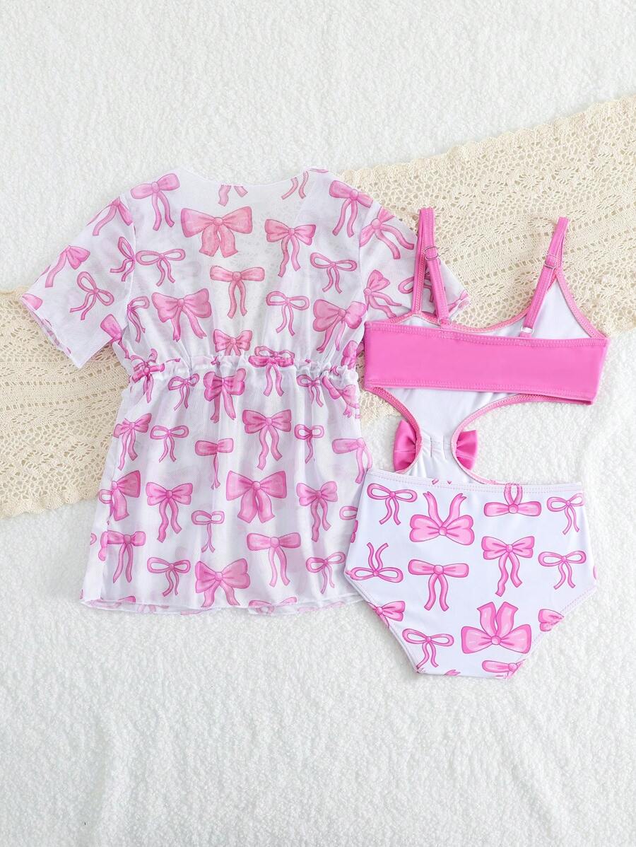 Summer Beach Outfit For Little Girls With Palm Print Swimsuit And Cover Up