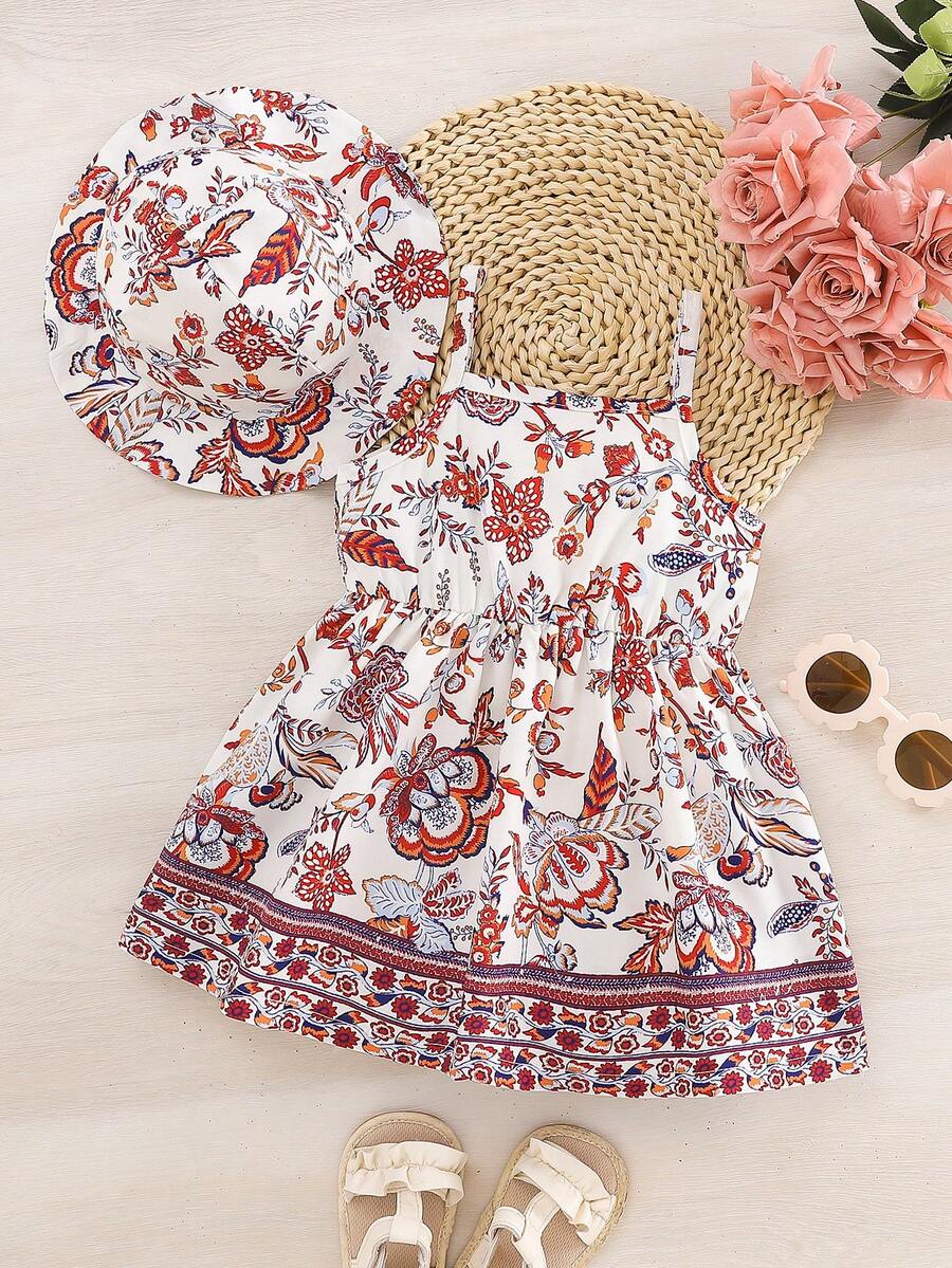 2pcs Baby Girl Floral Print Dress and Hat Set for Spring and Summer Wear