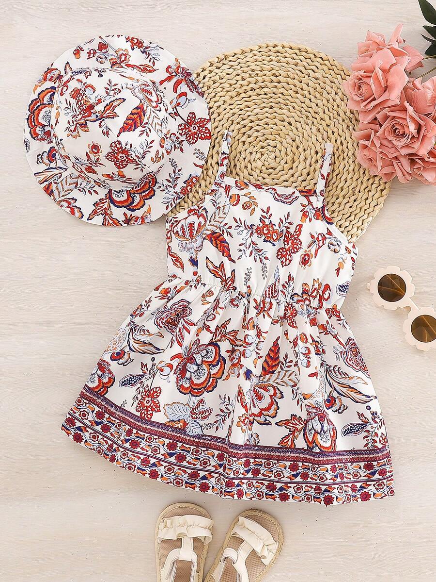 2pcs Baby Girl Floral Print Dress and Hat Set for Spring and Summer Wear