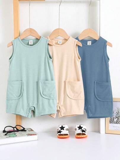Unisex Newborn Baby Solid Color Knitted Sleeveless Romper 3 Piece Spring Summer Outfit Set