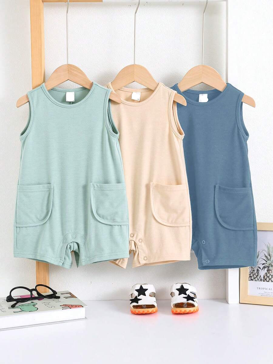 Unisex Newborn Baby Solid Color Knitted Sleeveless Romper 3 Piece Spring Summer Outfit Set