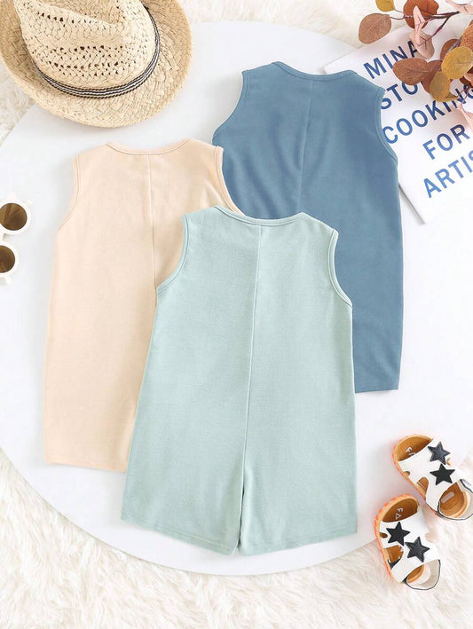 Unisex Newborn Baby Solid Color Knitted Sleeveless Romper 3 Piece Spring Summer Outfit Set