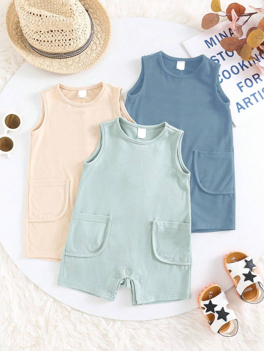 Unisex Newborn Baby Solid Color Knitted Sleeveless Romper 3 Piece Spring Summer Outfit Set