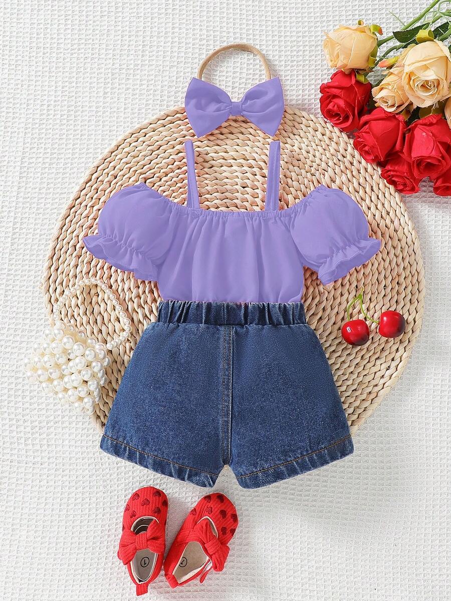 Infant Girls 2pcs Casual Denim Top & Bow Decor Jeans Set