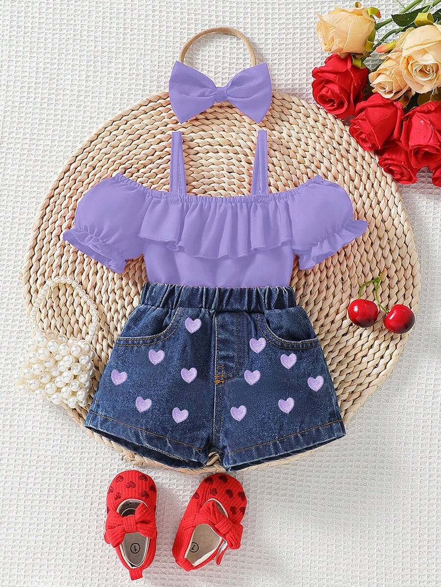 Infant Girls 2pcs Casual Denim Top & Bow Decor Jeans Set