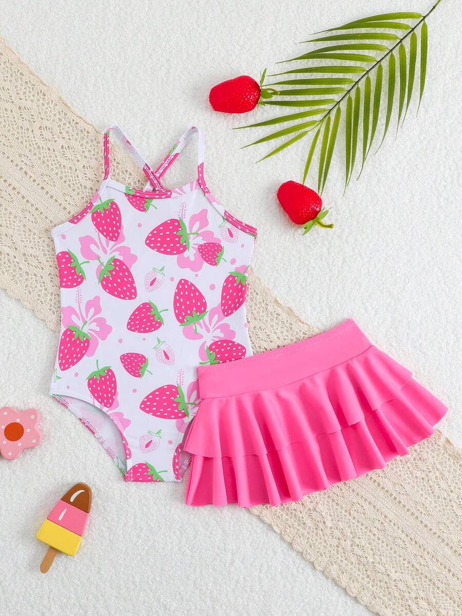 Little Girls Strawberry Swim Dress One Piece Beach Vacation Swimwear