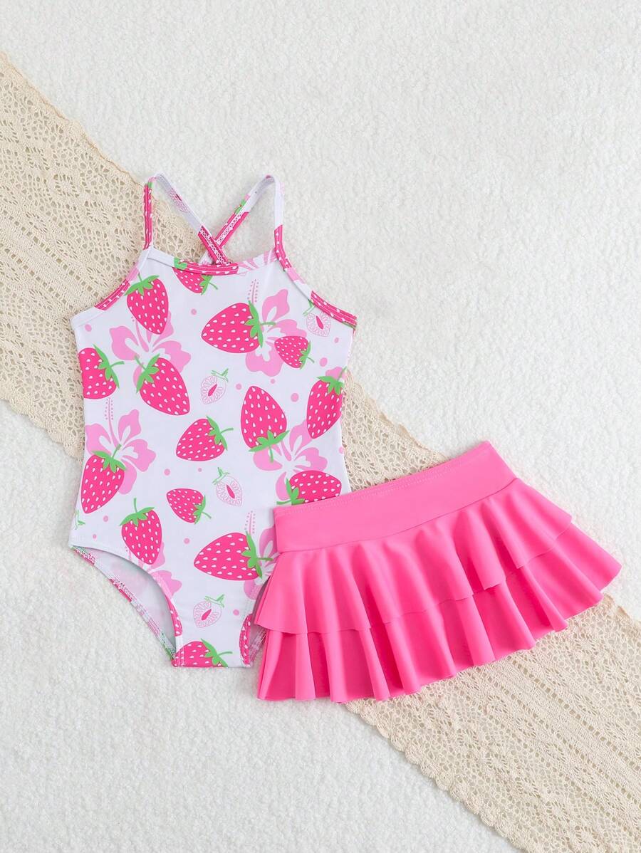 Little Girls Strawberry Swim Dress One Piece Beach Vacation Swimwear