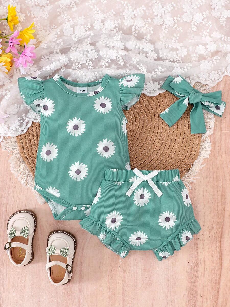 2PCS Baby Girl Cute Print Romper and Shorts Set for Summer Daily Wear