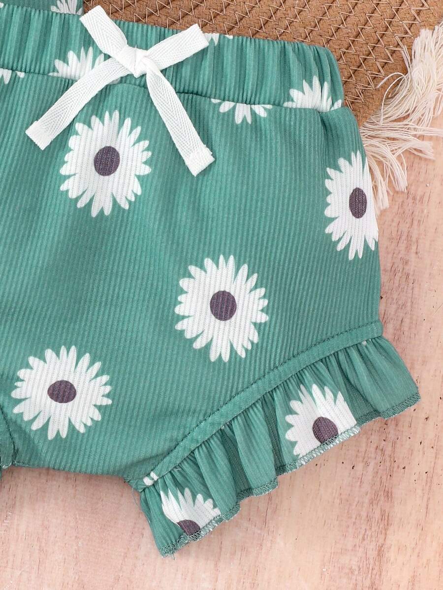 2PCS Baby Girl Cute Print Romper and Shorts Set for Summer Daily Wear