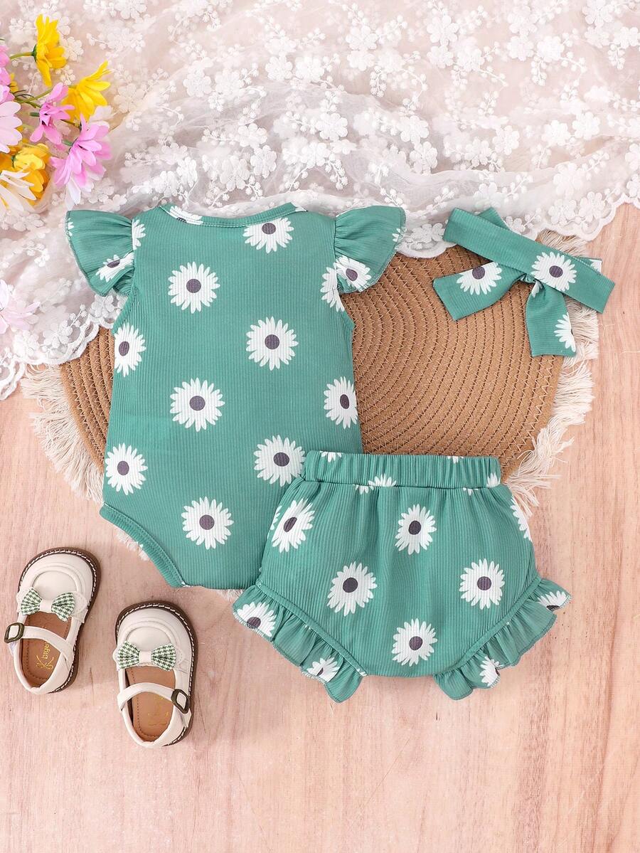 2PCS Baby Girl Cute Print Romper and Shorts Set for Summer Daily Wear