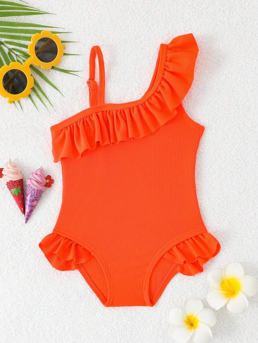 Neon Ruffled Swimwear For Toddler Girls Stylish One Shoulder Beach Outfit