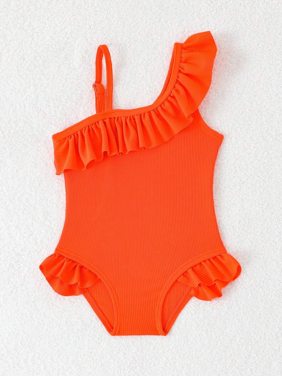 Neon Ruffled Swimwear For Toddler Girls Stylish One Shoulder Beach Outfit