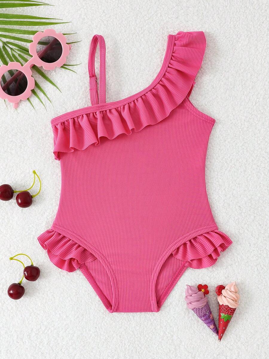 Neon Ruffled Swimwear For Toddler Girls Stylish One Shoulder Beach Outfit