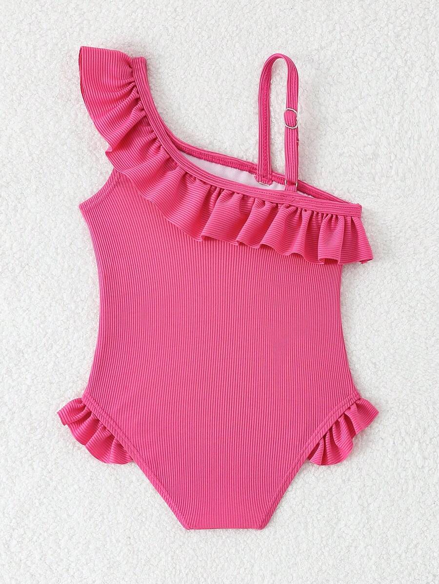 Neon Ruffled Swimwear For Toddler Girls Stylish One Shoulder Beach Outfit