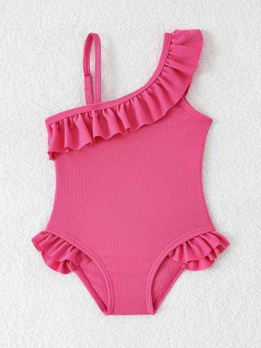 Neon Ruffled Swimwear For Toddler Girls Stylish One Shoulder Beach Outfit