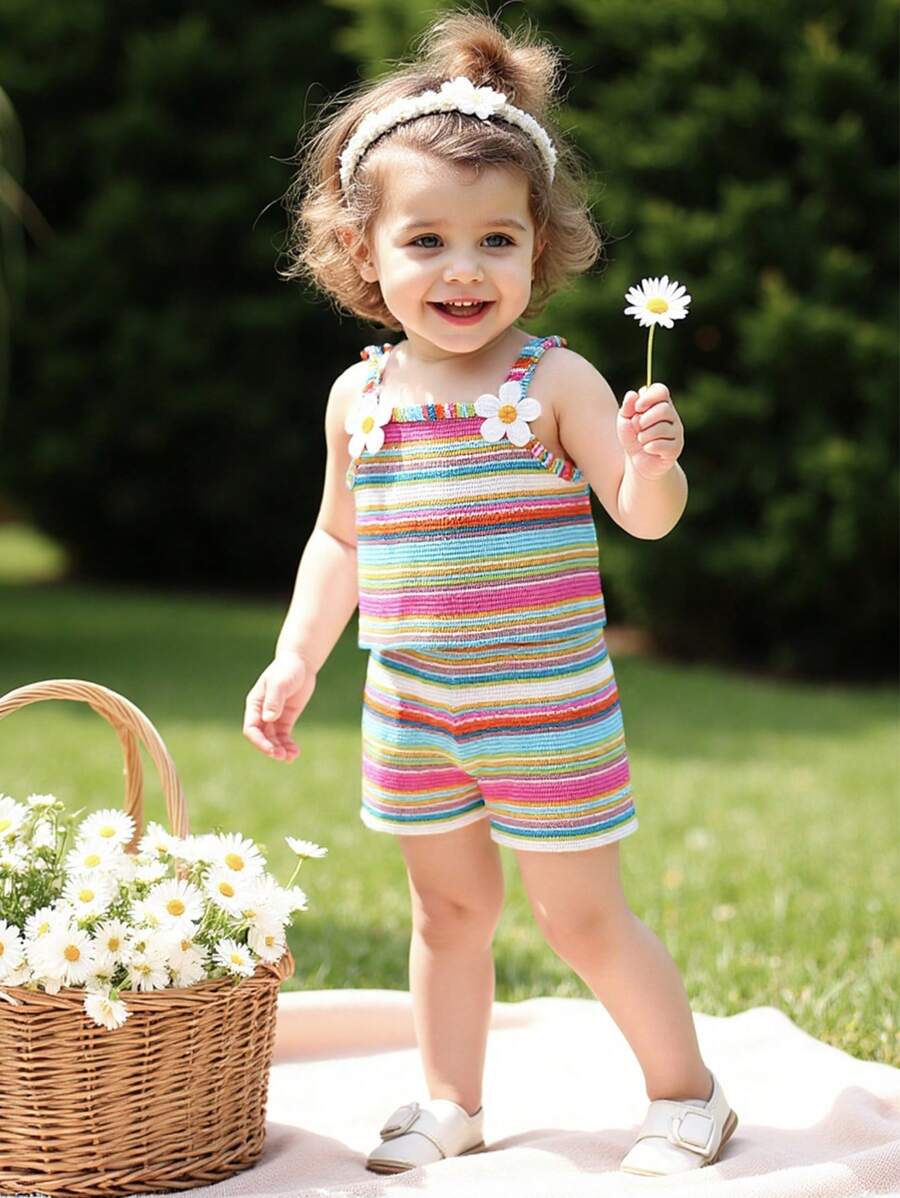 Striped Knit Camisole And Shorts Set For Baby Girls Summer Vacation Wear
