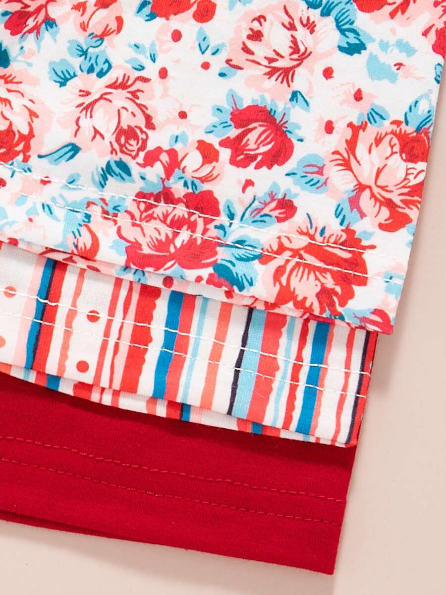 Infant Girls 3-Piece Summer Set: Full Print Floral and Striped Sleeveless Top and Shorts