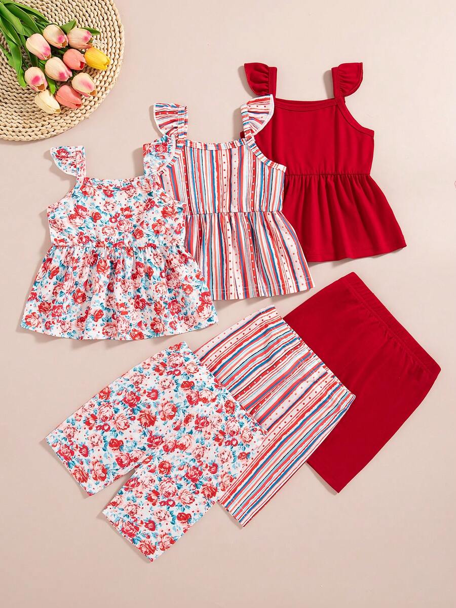 Infant Girls 3-Piece Summer Set: Full Print Floral and Striped Sleeveless Top and Shorts