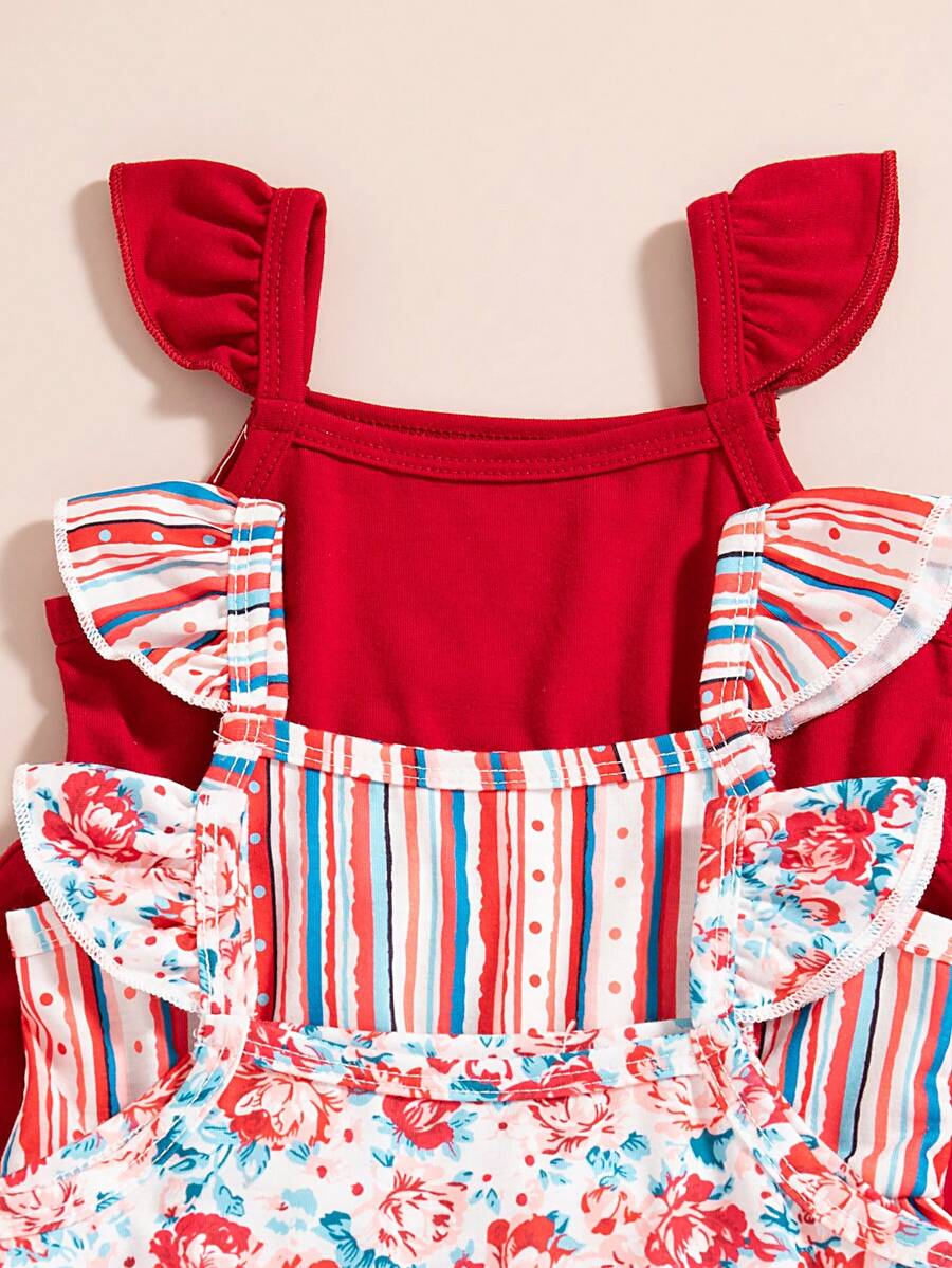 Infant Girls 3-Piece Summer Set: Full Print Floral and Striped Sleeveless Top and Shorts