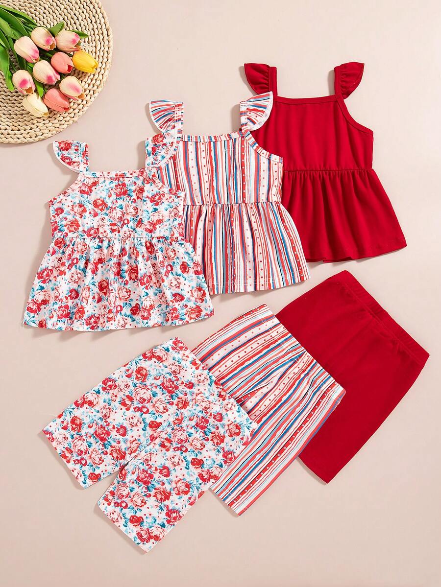 Infant Girls 3-Piece Summer Set: Full Print Floral and Striped Sleeveless Top and Shorts