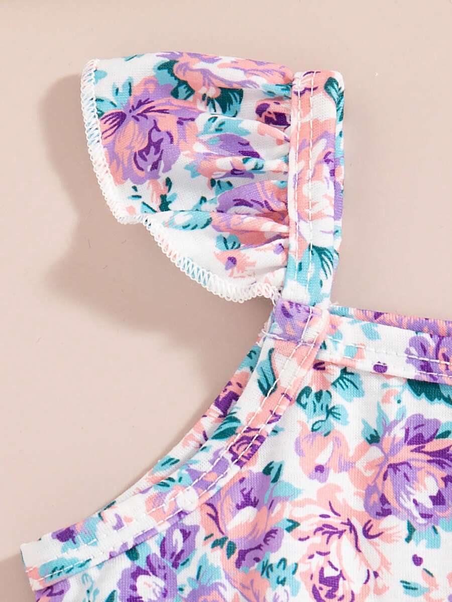 Infant Girls 3-Piece Summer Set: Full Print Floral and Striped Sleeveless Top and Shorts