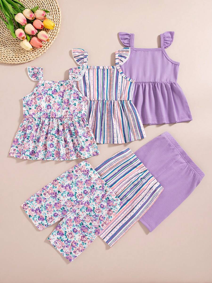 Infant Girls 3-Piece Summer Set: Full Print Floral and Striped Sleeveless Top and Shorts