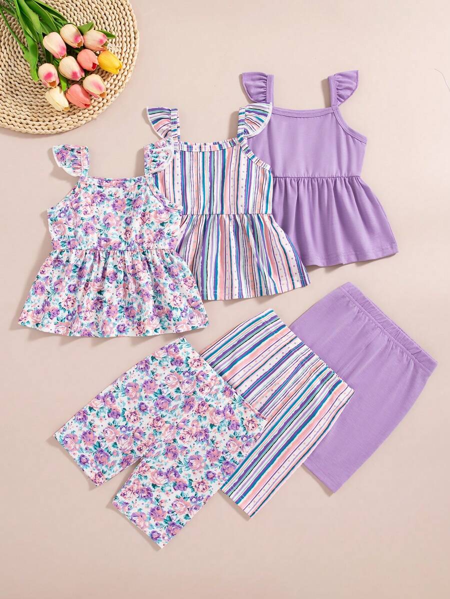 Infant Girls 3-Piece Summer Set: Full Print Floral and Striped Sleeveless Top and Shorts