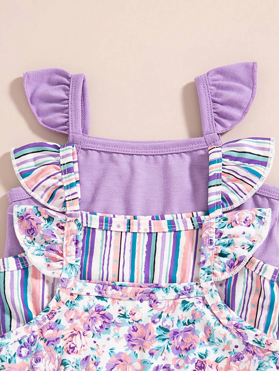 Infant Girls 3-Piece Summer Set: Full Print Floral and Striped Sleeveless Top and Shorts