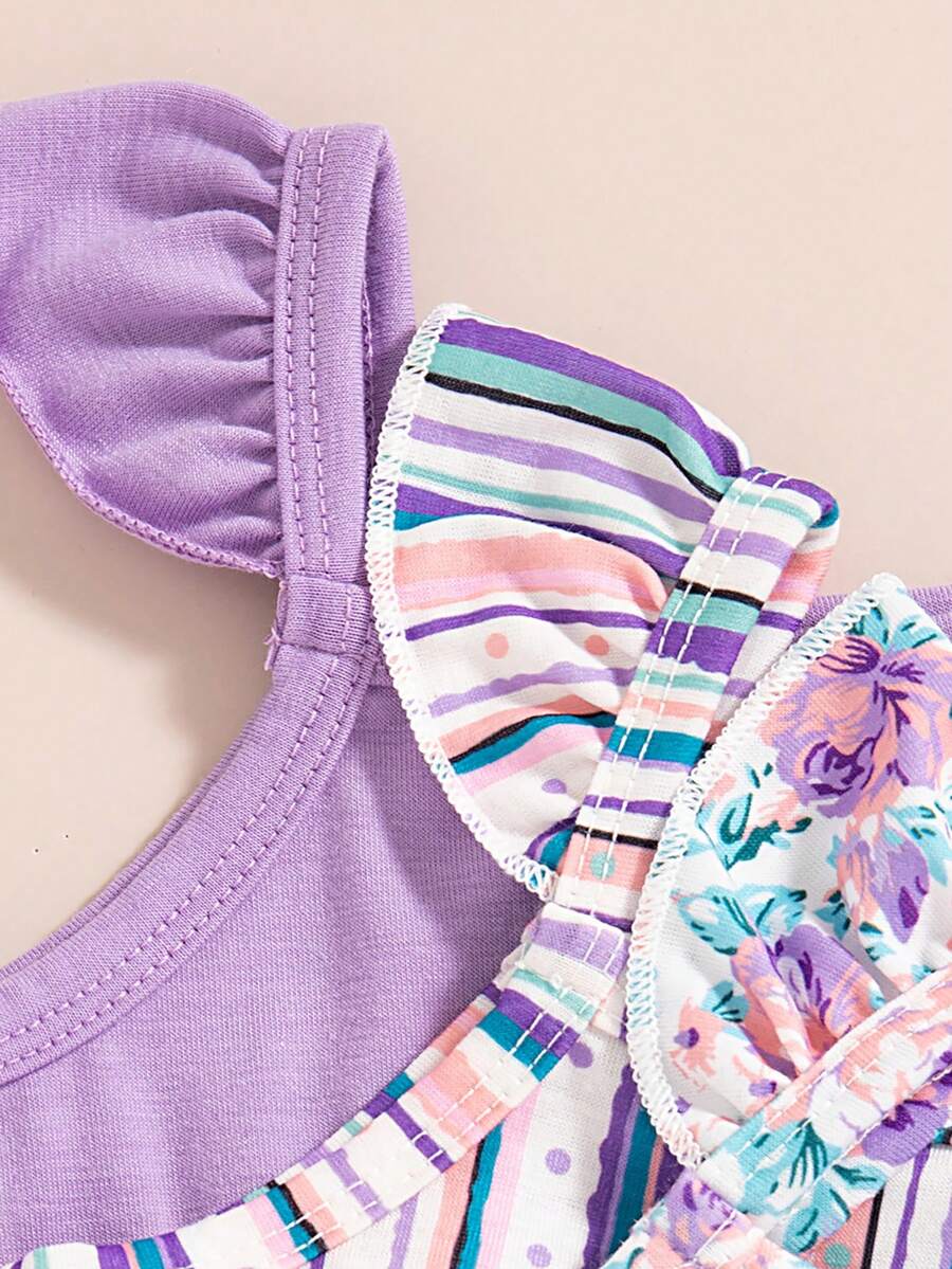 Infant Girls 3-Piece Summer Set: Full Print Floral and Striped Sleeveless Top and Shorts