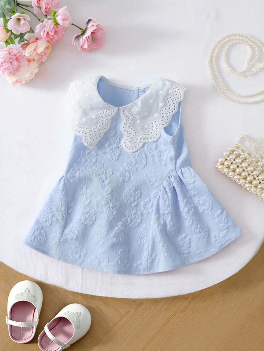 Little Girls Princess Pink Dress With Peter Pan Collar And Lace Detail