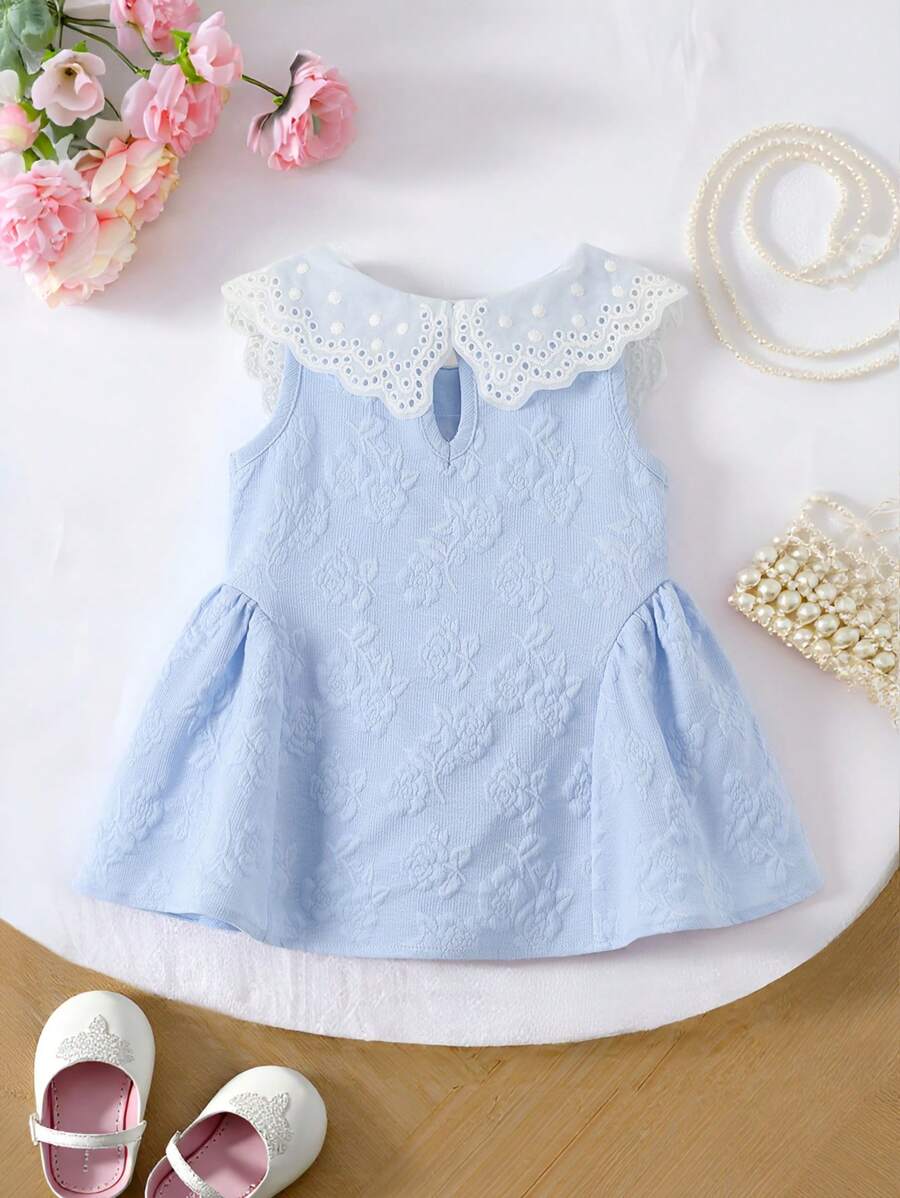 Little Girls Princess Pink Dress With Peter Pan Collar And Lace Detail