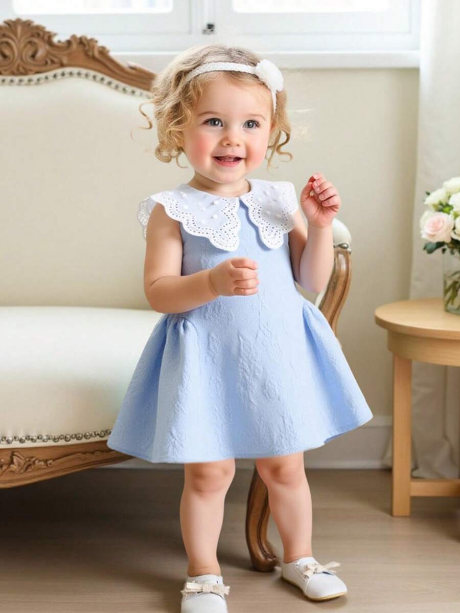 Little Girls Princess Pink Dress With Peter Pan Collar And Lace Detail