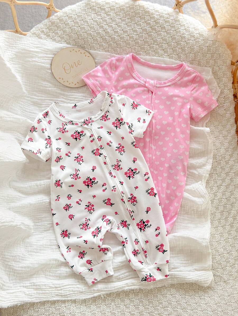 2pcs Baby Girl Heart and Ditsy Floral Jumpsuit Set - Sweet Long Sleeve Outfit