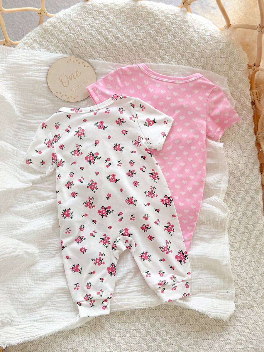 2pcs Baby Girl Heart and Ditsy Floral Jumpsuit Set - Sweet Long Sleeve Outfit