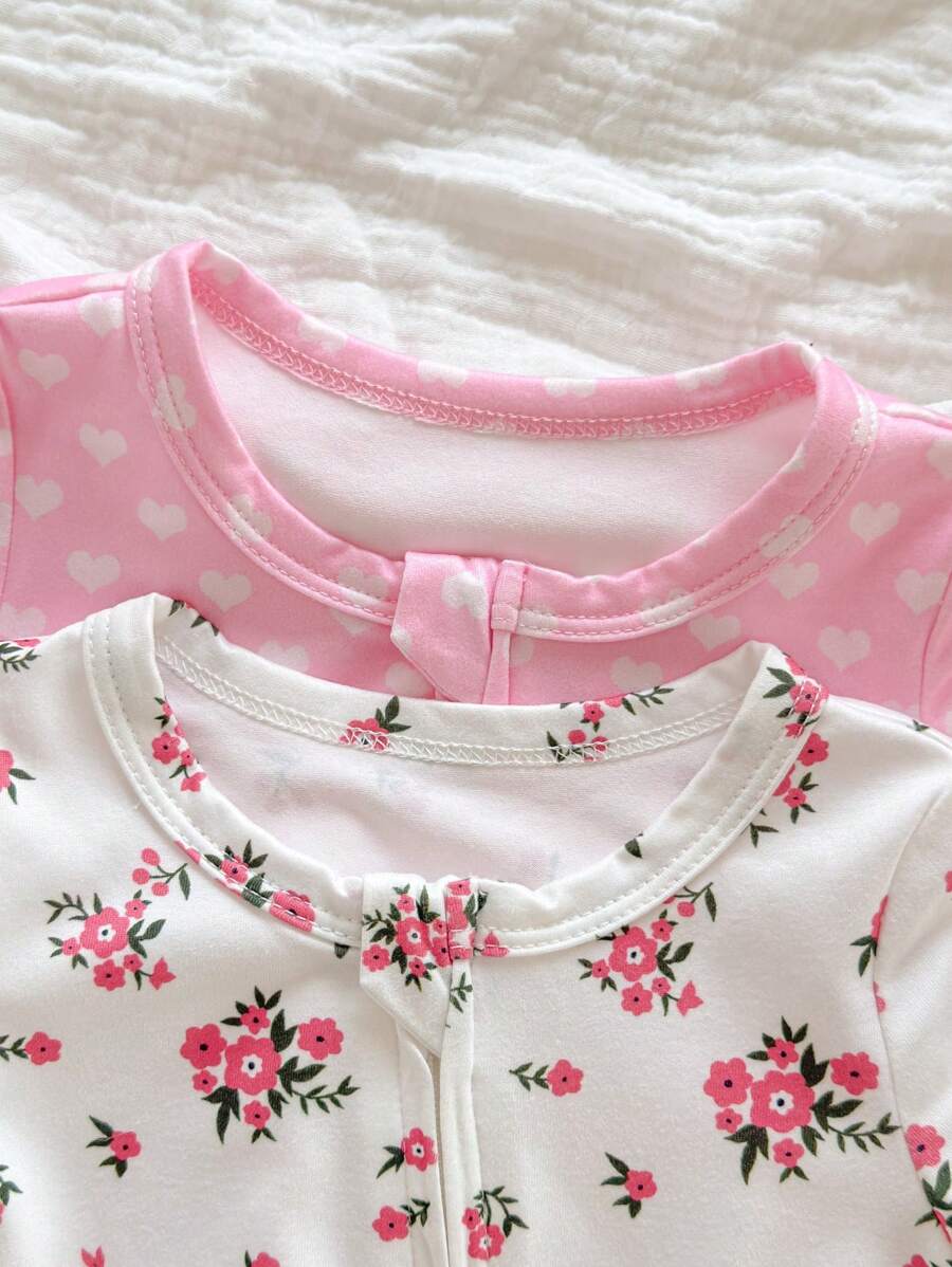 2pcs Baby Girl Heart and Ditsy Floral Jumpsuit Set - Sweet Long Sleeve Outfit