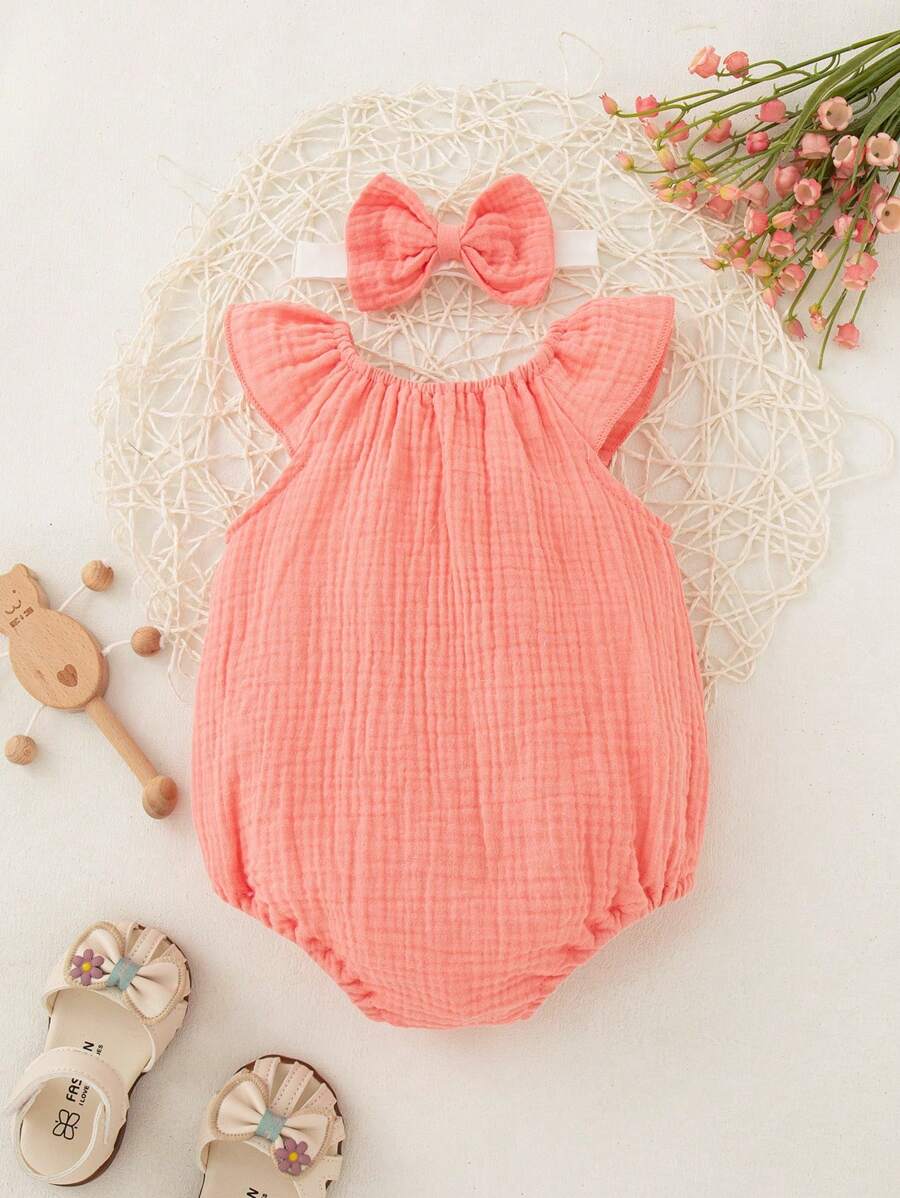 Lemon Print Ruffle Trim Bodysuit and Headband Set for Cute Summer Daily Wear