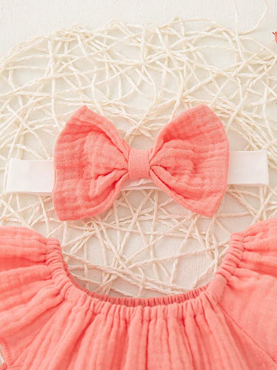 Baby Floral and Grass Print Ruffle Sleeve Romper with Headband for Summer Outings