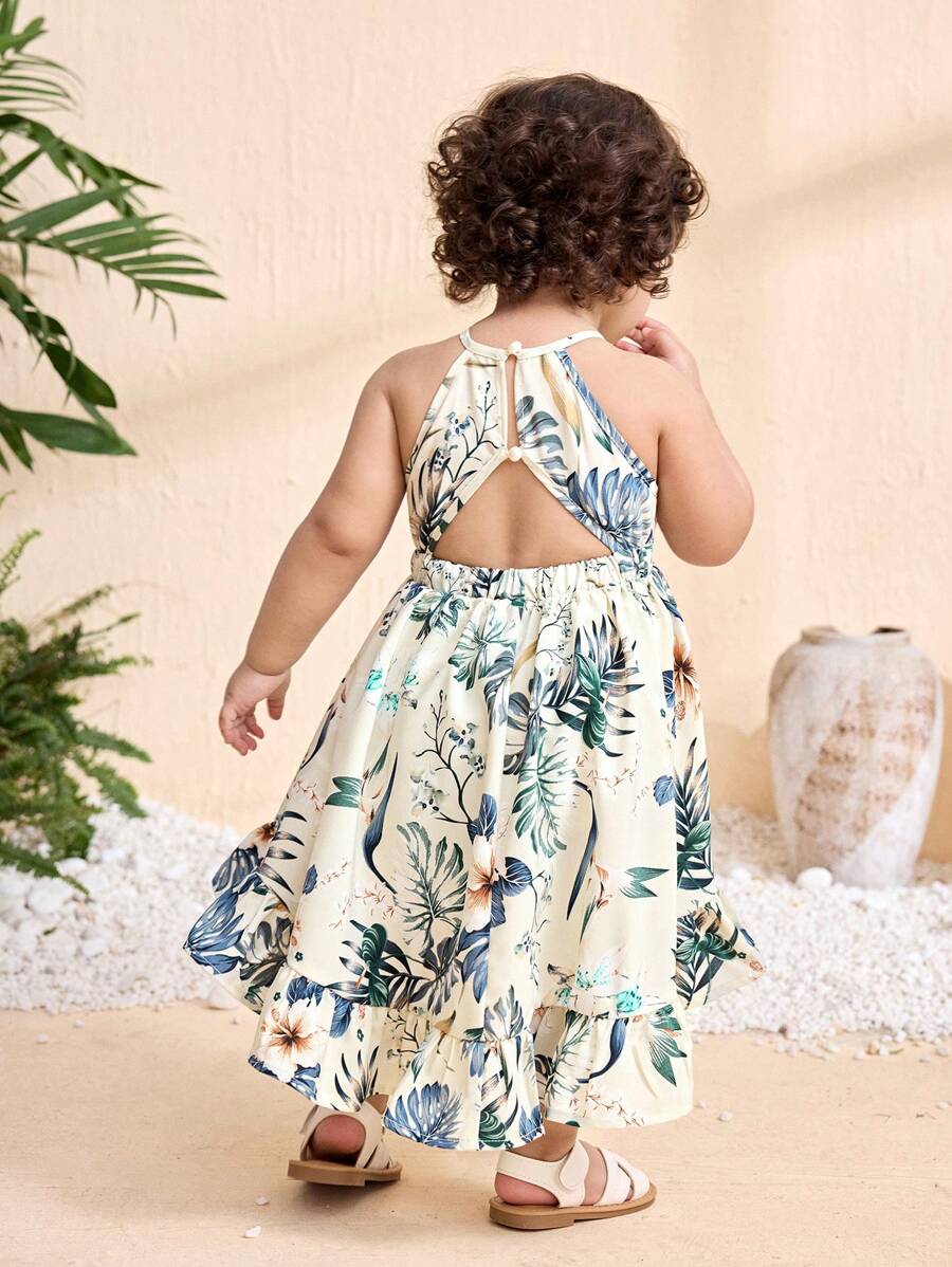 Little Girls Tropical Halter Sundress With High Low Hem Beach Vacation Wear